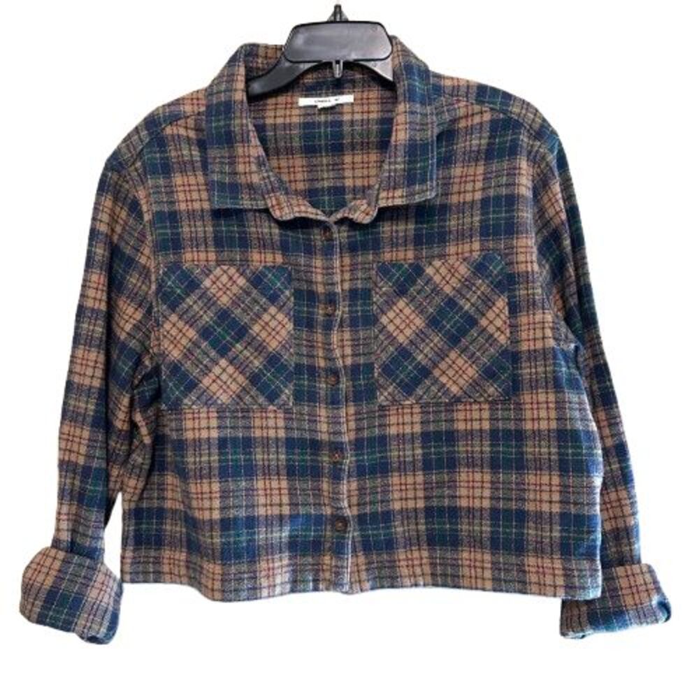O'Neill Blue and Tan Plaid Button-Up Cropped Shirt Jacket